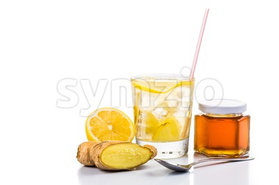 Refreshing iced cold ginger with honey and lemon drinks on white background Stock Photo
