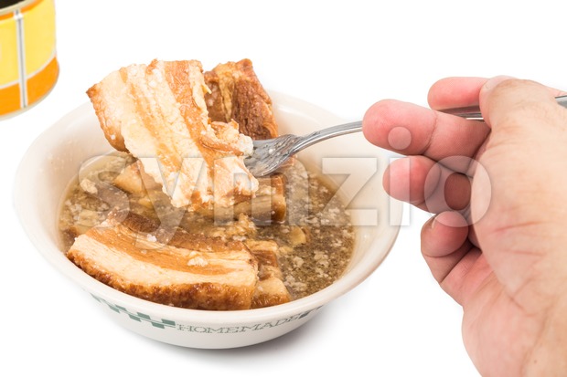 Hand scooping pork with unhealthy layers of fats from canned food Stock Photo