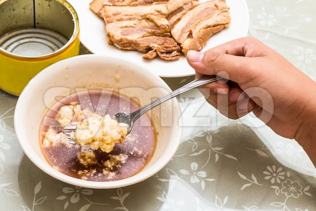 Hand scooping unhealthy pork with layers of fats from canned food Stock Photo