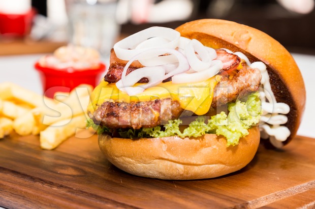 Close up on delicious Pork burger with cheese, vegetable and served with fries Stock Photo