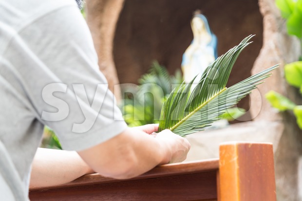 Parishioners kneel holding palm leaf in front of de-focused grotto Stock Photo
