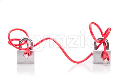 Conceptual computer network security with end to end cable padlock Stock Photo