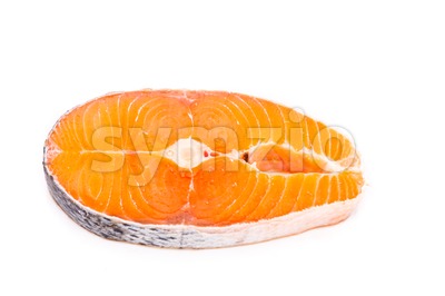 Freshly cut cross-section of salmon blocks on white background Stock Photo