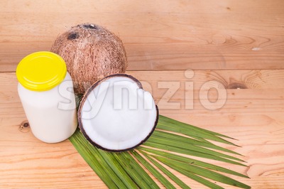 Jar containing coconut oil are used as cooking ingredient Stock Photo