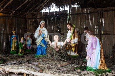 Christmas decorative creche with Holy family and the wise men Stock Photo