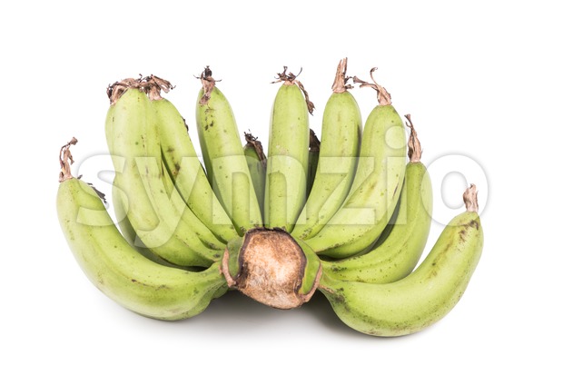 Bunch of sweet organic green banana on white background Stock Photo
