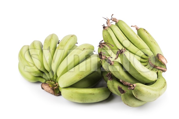 Two bunches of sweet organic green banana on white background Stock Photo