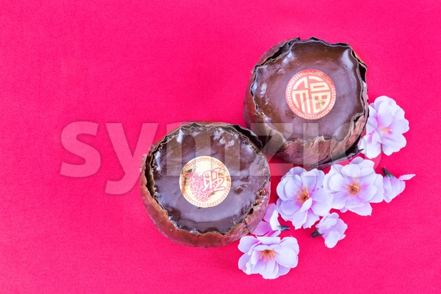 Glutinous rice cake with Good Luck in Chinese words Stock Photo