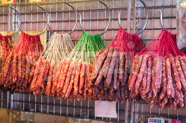 Chinese sausage or Lap Cheong on display for sale Stock Photo