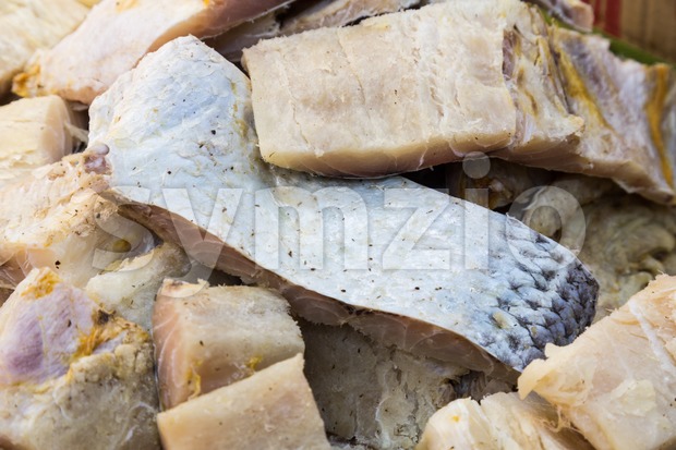 Closeup and focus on a portion of preserved salted fish Stock Photo