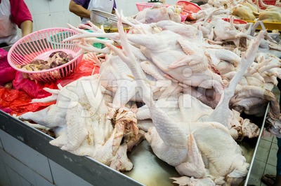 Vendor selling freshly slaughtered whole chicken in market stall Stock Photo