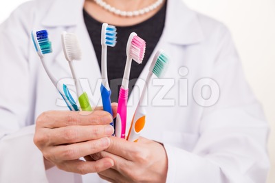 Dentist holding toothbrushes with different head and bristle design Stock Photo