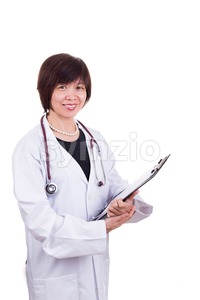 Asian female medical doctor with stethoscope on white background Stock Photo