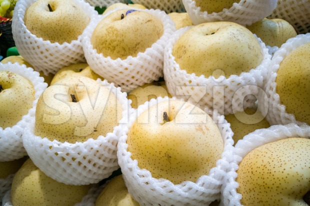 Whole yellow gong pear wrapped in protective foam Stock Photo