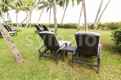 Relaxing deck chairs at tropical resort with nobody Stock Photo