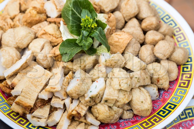 Close-up on plate of fish ball fish cakes for steamboat dining Stock Photo