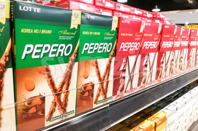 KUALA LUMPUR, Malaysia, June 25, 2017:  Pepero is a cookie stick, dipped in compound chocolate, manufactured by Lotte Confectionery in South Korea Stock Photo