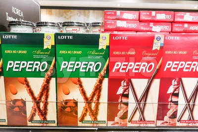 KUALA LUMPUR, Malaysia, June 25, 2017:  Pepero is a cookie stick, dipped in compound chocolate, manufactured by Lotte Confectionery in South Korea Stock Photo