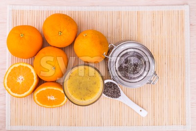 Chia seeds with fresh orange juice, healthy nutritious anti-oxidant drinks Stock Photo