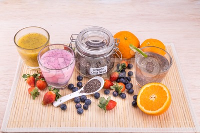 Chia seeds with fresh fruits juice, healthy nutritious anti-oxidant drinks Stock Photo