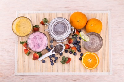 Chia seeds with fresh fruits juice, healthy nutritious anti-oxidant drinks Stock Photo
