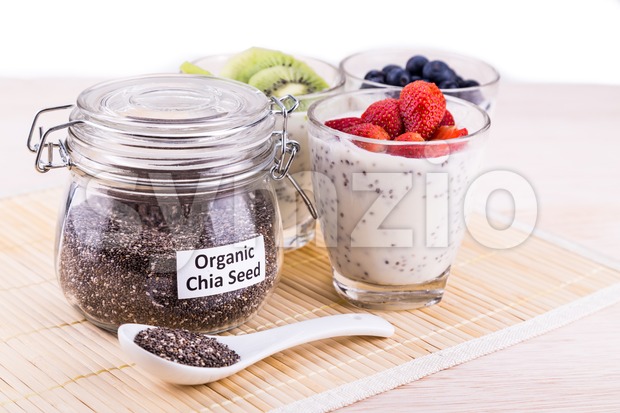 Chia seeds pudding with fresh fruits, healthy nutritious anti-oxidant superfood. Stock Photo