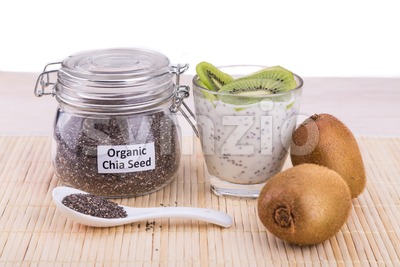 Chia seeds pudding with kiwi fruits, healthy nutritious anti-oxidant superfood. Stock Photo