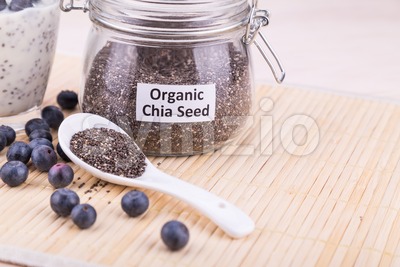 Chia seeds pudding with blueberry fruits, healthy nutritious anti-oxidant superfood. Stock Photo