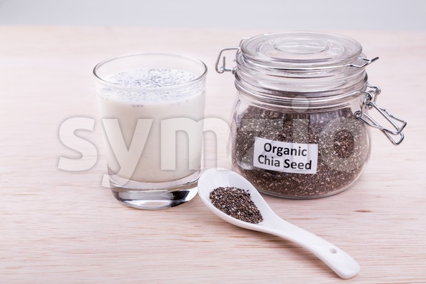 Chia seeds with fresh milk, healthy nutritious anti-oxidant superfood breakfast Stock Photo