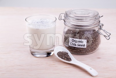 Chia seeds with fresh milk, healthy nutritious anti-oxidant superfood breakfast Stock Photo
