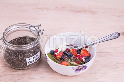 Chia seeds with fruits yogurt, healthy nutritious anti-oxidant superfood breakfast Stock Photo