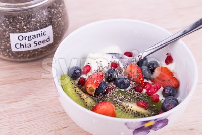 Chia seeds with fruits yogurt, healthy nutritious anti-oxidant superfood breakfast Stock Photo