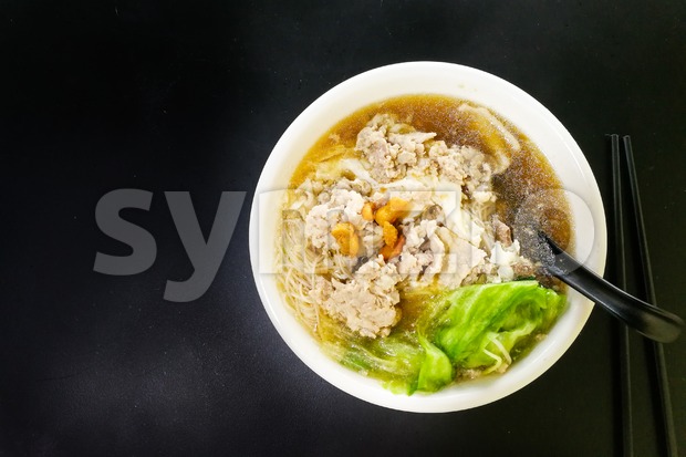 Overhead view vermicelli pork noodle soup popular food Penang Malaysia Stock Photo