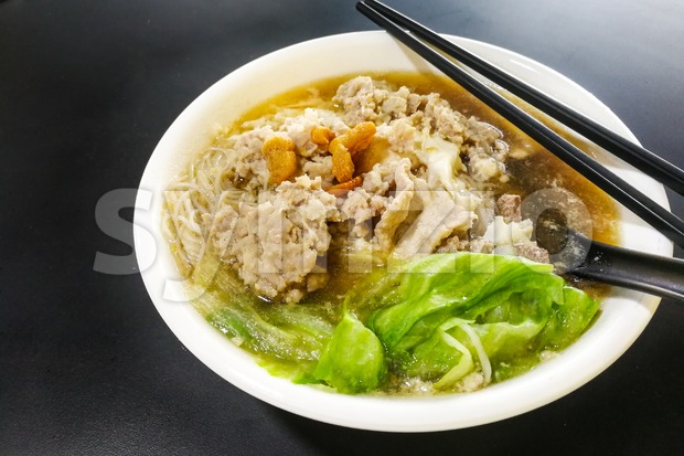 Close-up on Vermicelli pork noodle soup popular in Penang Malaysia Stock Photo