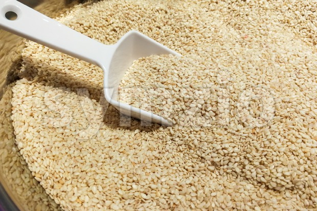Heap of white sesame seeds with ladle Stock Photo