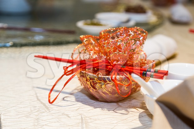 Chinese longevity bowl door gift set during birthday dinner celebration Stock Photo