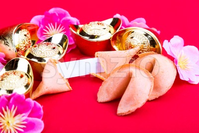 Fortune cookies, decorative gold nuggets, plum blossom flowres red background Stock Photo