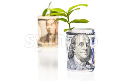 Analogy of US Dollar conceptual growth ahead of Japanese Yen Stock Photo