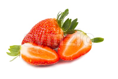 Closeup of fresh juicy organic strawberries with white background Stock Photo